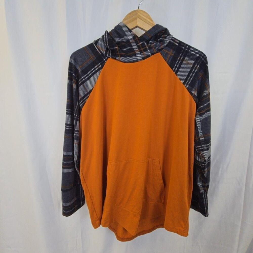 LuLaRoe Hoodie Womens XL Orange Plaid Cowl Neck Raglan Kangaroo Pocket Pullover